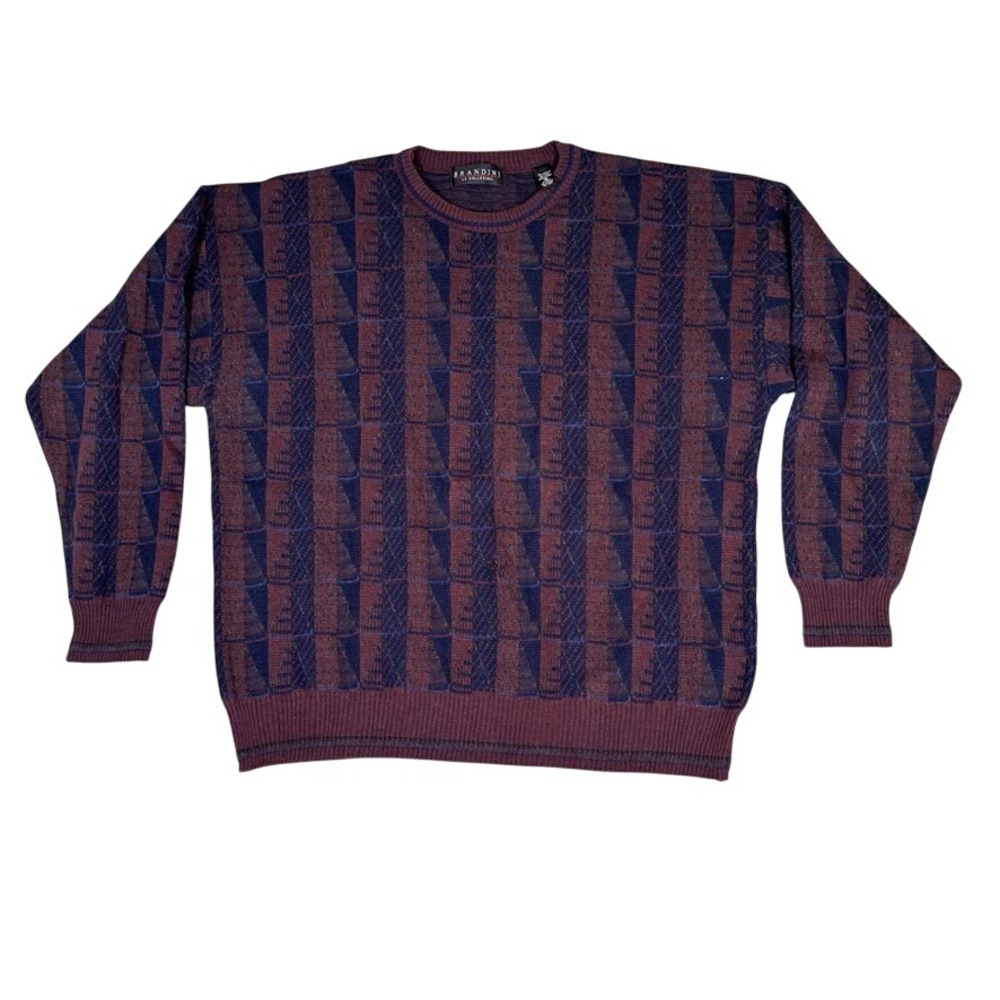 Brandini Le Collezioni Mens XL Geometric Sweater Burgundy Navy Wool Blend Italy